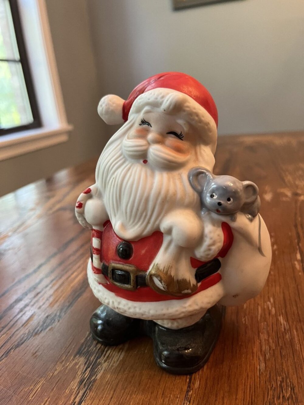 Vintage Ceramic Santa Claus Piggy Bank With Mouse & Candy Cane Holiday Decor 6"